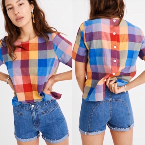 Madewell Boxy Button-Back Top in Oversized Gingham Rainbow Check Sz XL